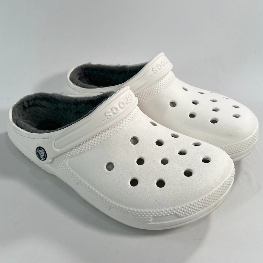 Crocs Classic Lined Clog White Grey‎ Charcoal Fleece Warm Slipper Men 8 Women 10
